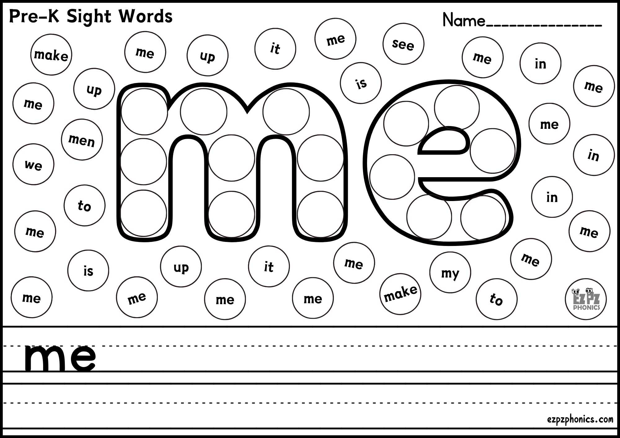 "Me" Dolch Sight Word Dab & Write Worksheet – Fun Sight Words Practice! Free PDF Download